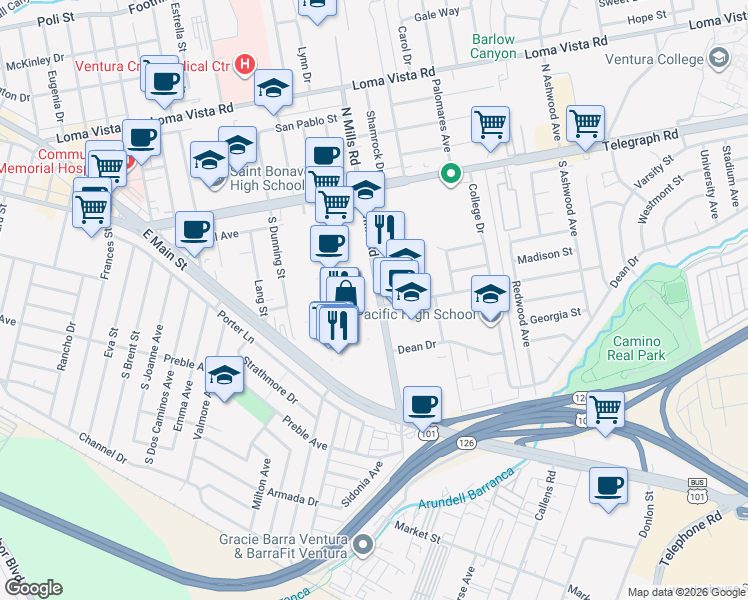map of restaurants, bars, coffee shops, grocery stores, and more near 355 S Mills Rd in Ventura