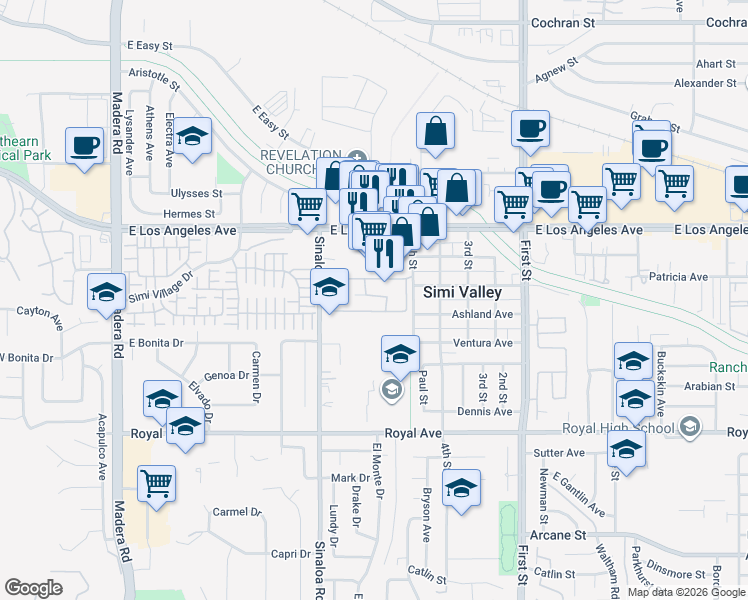 map of restaurants, bars, coffee shops, grocery stores, and more near 1760 Sinaloa Villa Road in Simi Valley