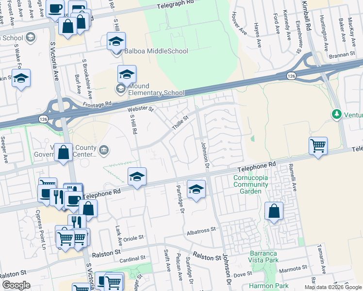 map of restaurants, bars, coffee shops, grocery stores, and more near 870 Murdoch Lane in Ventura