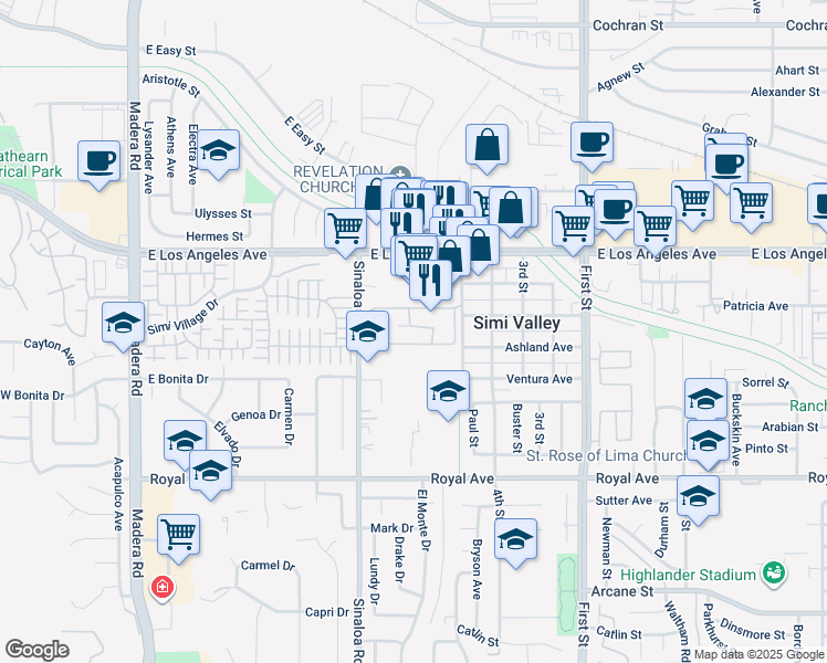 map of restaurants, bars, coffee shops, grocery stores, and more near 1772 Sinaloa Road in Simi Valley