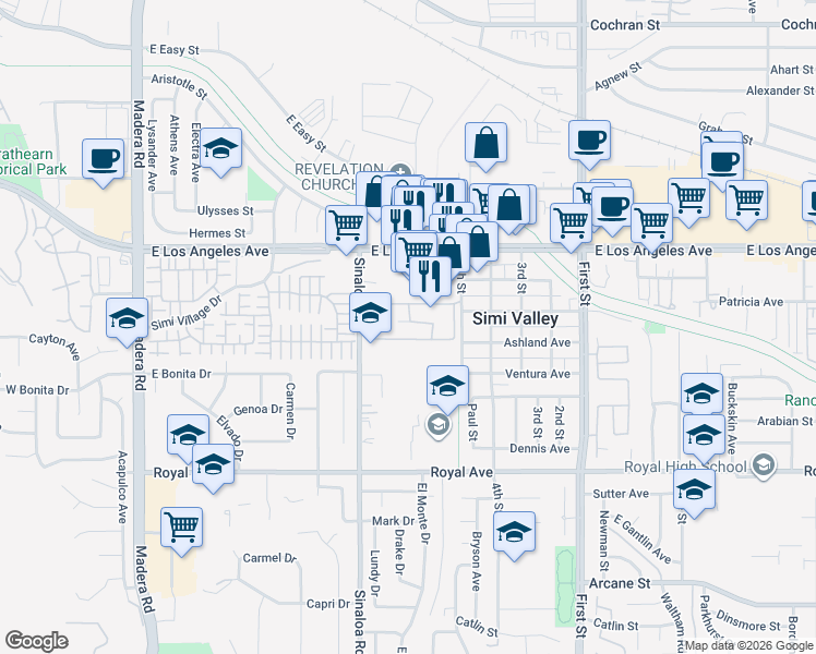 map of restaurants, bars, coffee shops, grocery stores, and more near 1772 Sinaloa Road in Simi Valley