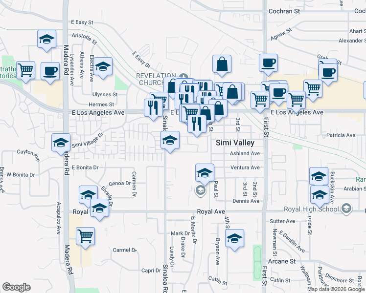 map of restaurants, bars, coffee shops, grocery stores, and more near 1778 Sinaloa Road in Simi Valley