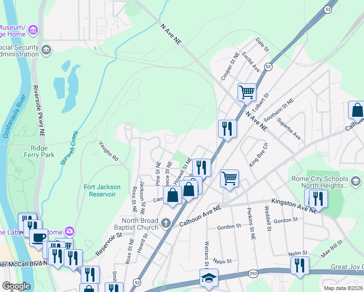 map of restaurants, bars, coffee shops, grocery stores, and more near 406 Reece Street Northeast in Rome