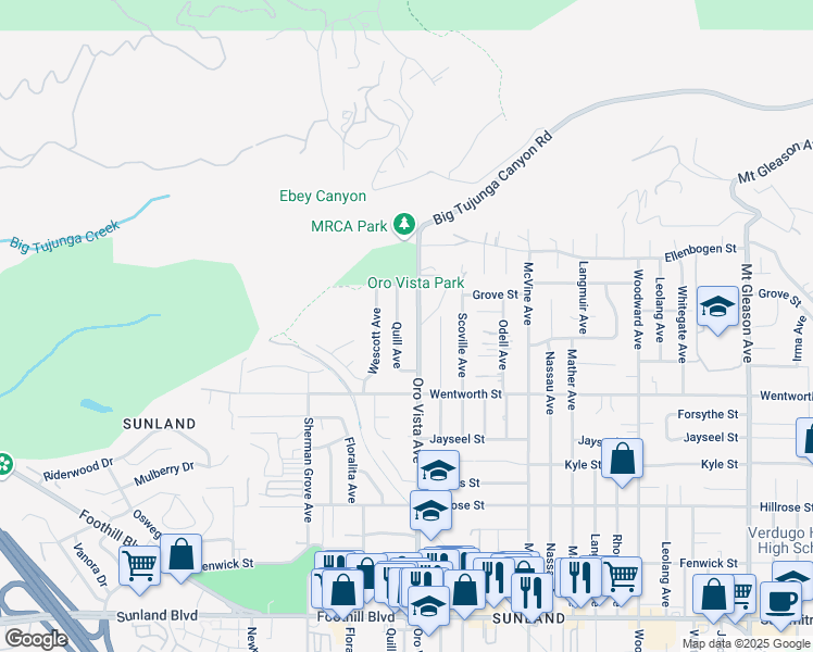 map of restaurants, bars, coffee shops, grocery stores, and more near 11012 Quill Avenue in Los Angeles