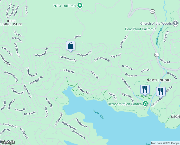 map of restaurants, bars, coffee shops, grocery stores, and more near 27809 Alpen Drive in Lake Arrowhead