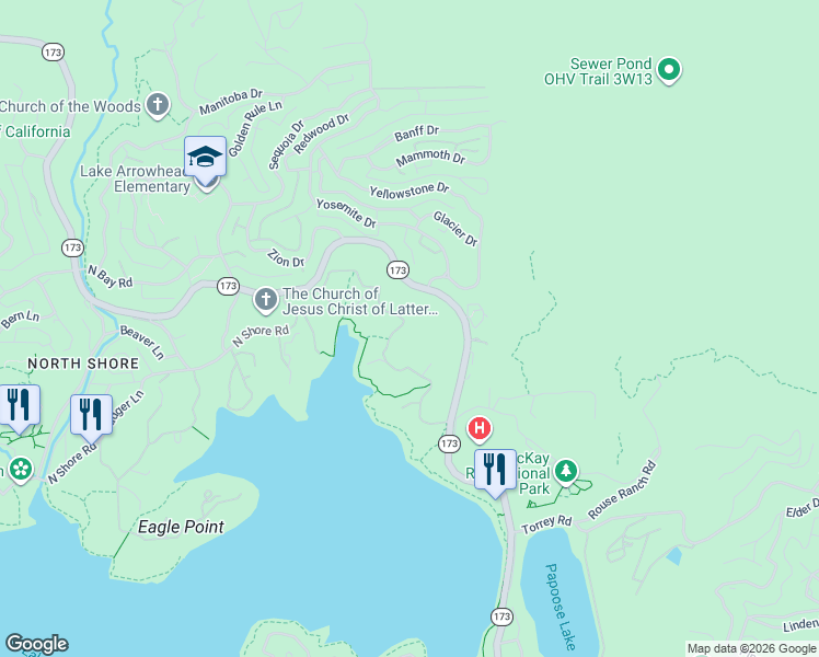 map of restaurants, bars, coffee shops, grocery stores, and more near 28914 North Shore Road in Lake Arrowhead