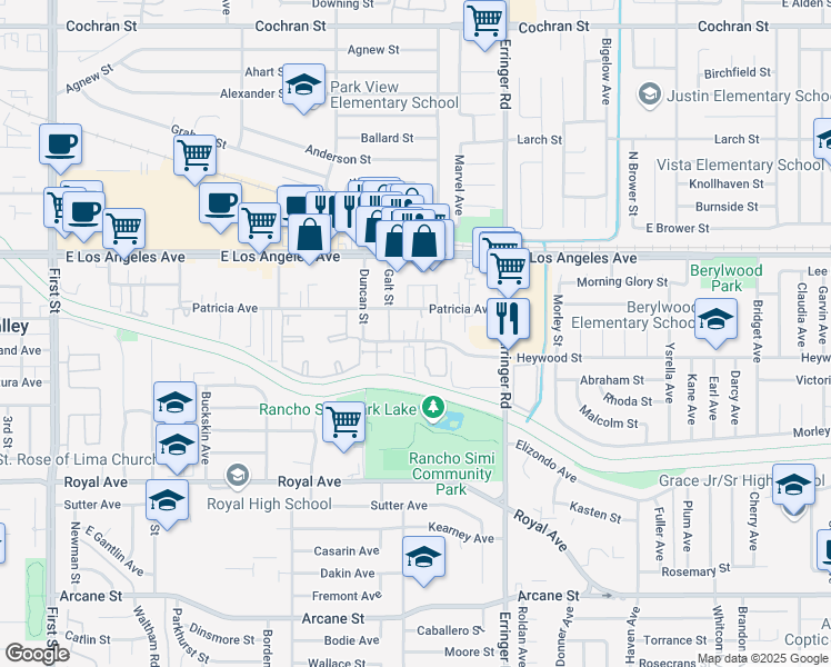 map of restaurants, bars, coffee shops, grocery stores, and more near 1755 Heywood Street in Simi Valley