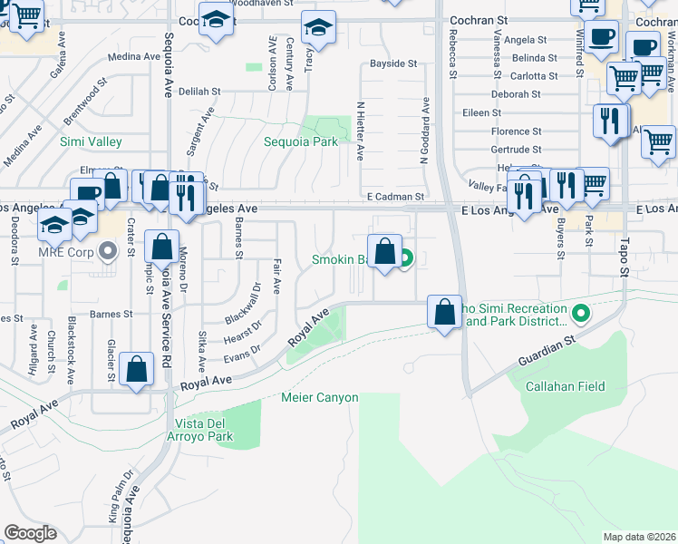 map of restaurants, bars, coffee shops, grocery stores, and more near 1690 Eagle Peak Avenue in Simi Valley