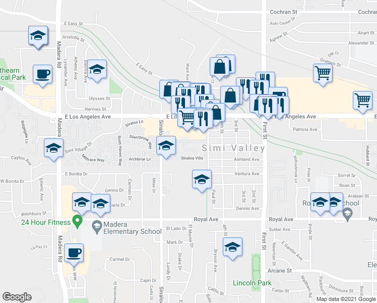 map of restaurants, bars, coffee shops, grocery stores, and more near 1760 Sinaloa Villa Road in Simi Valley