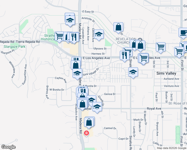 map of restaurants, bars, coffee shops, grocery stores, and more near 136 Nightwind Lane in Simi Valley