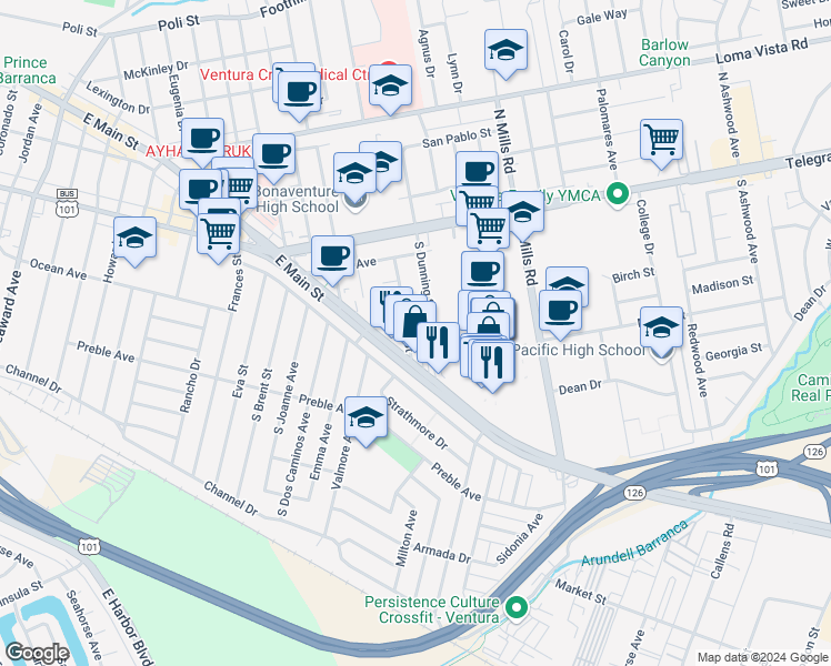 map of restaurants, bars, coffee shops, grocery stores, and more near 3209 Ocean Avenue in Ventura