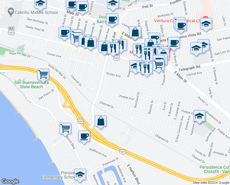 map of restaurants, bars, coffee shops, grocery stores, and more near 504 South Evergreen Drive in Ventura
