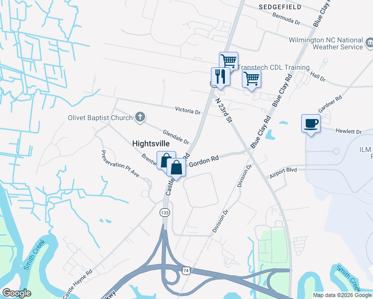map of restaurants, bars, coffee shops, grocery stores, and more near 1704-1716 Castle Hayne Road in Wilmington