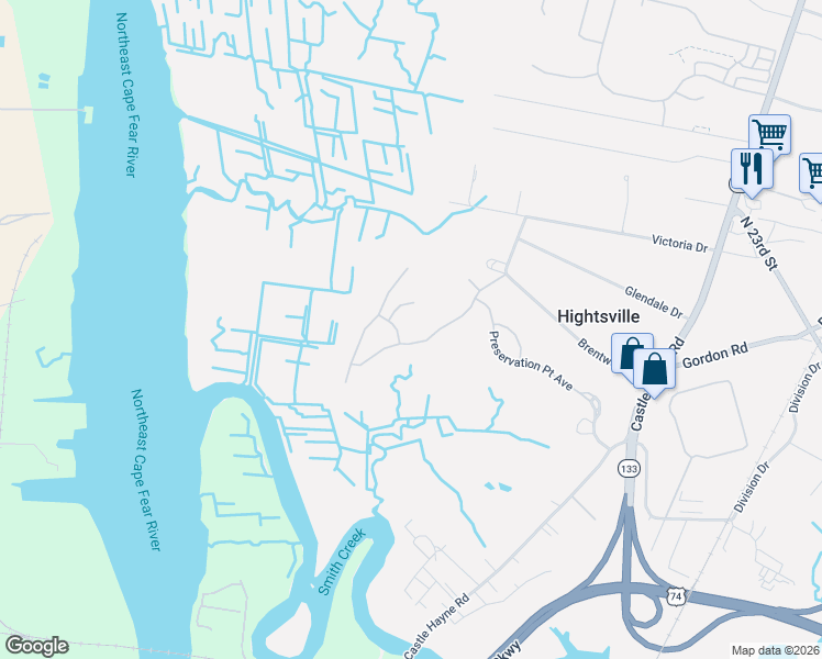 map of restaurants, bars, coffee shops, grocery stores, and more near 1521 Castle Hayne Road in Wilmington