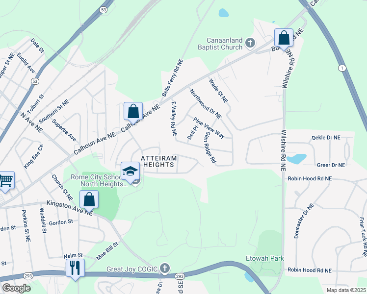 map of restaurants, bars, coffee shops, grocery stores, and more near 112 East Valley Road Northeast in Rome