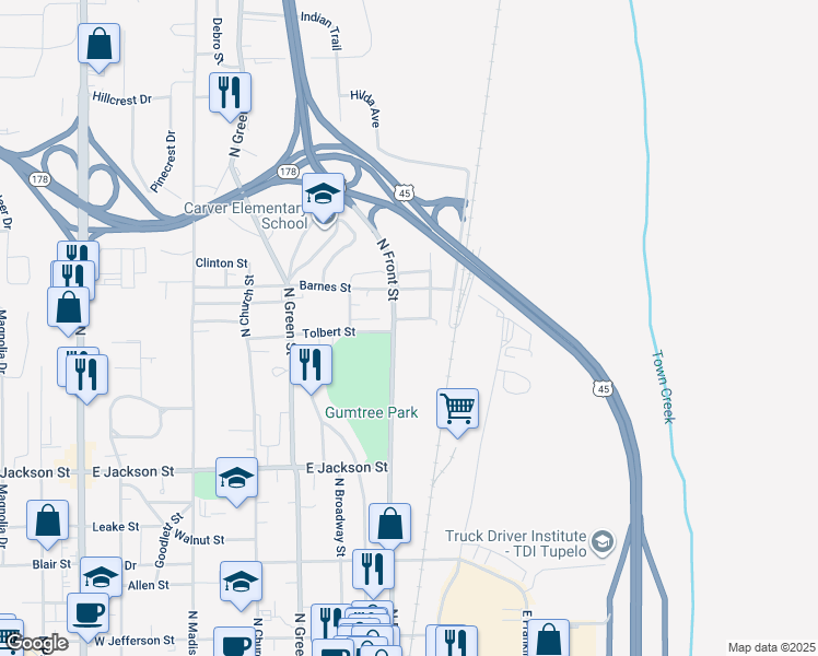 map of restaurants, bars, coffee shops, grocery stores, and more near 205 Rea Street in Tupelo