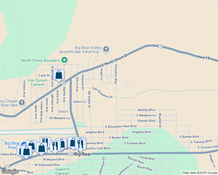 map of restaurants, bars, coffee shops, grocery stores, and more near 329 Grenfall Lane in Big Bear
