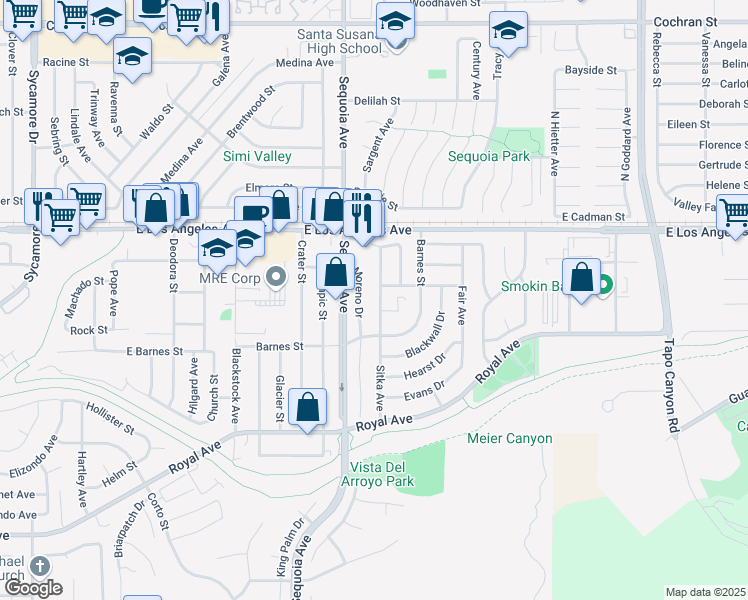 map of restaurants, bars, coffee shops, grocery stores, and more near 1769 Sitka Avenue in Simi Valley