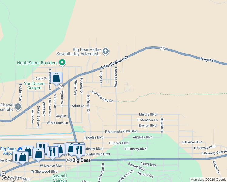 map of restaurants, bars, coffee shops, grocery stores, and more near 329 Grenfall Lane in Big Bear