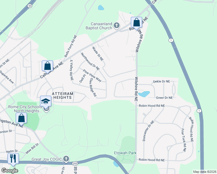 map of restaurants, bars, coffee shops, grocery stores, and more near 307 Northwood Drive Northeast in Rome