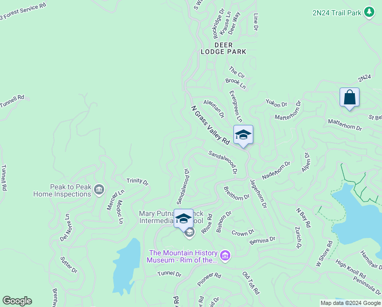 map of restaurants, bars, coffee shops, grocery stores, and more near 1023 Sandalwood Drive in Lake Arrowhead
