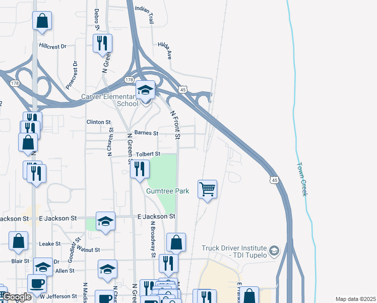 map of restaurants, bars, coffee shops, grocery stores, and more near 205 Rea Street in Tupelo