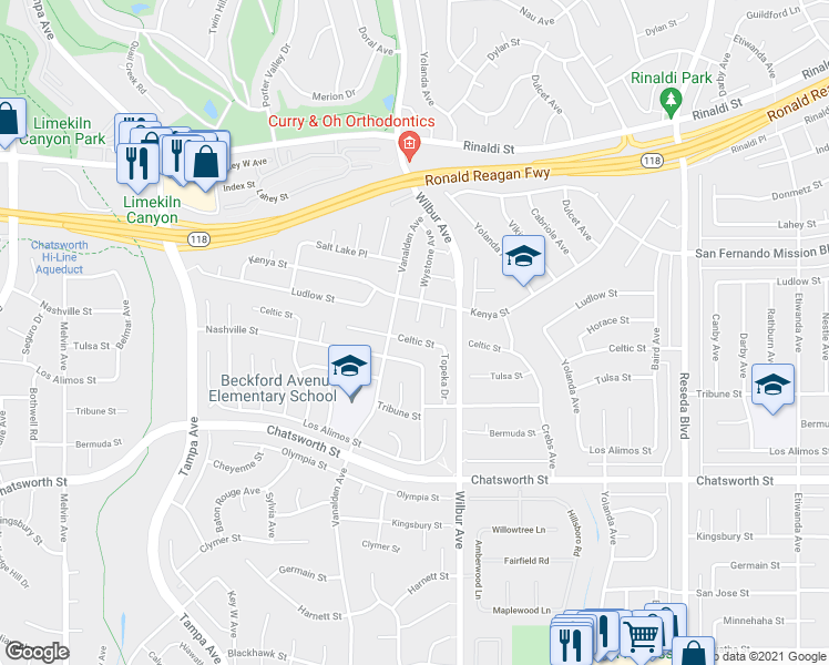 map of restaurants, bars, coffee shops, grocery stores, and more near 19009 Celtic Street in Los Angeles