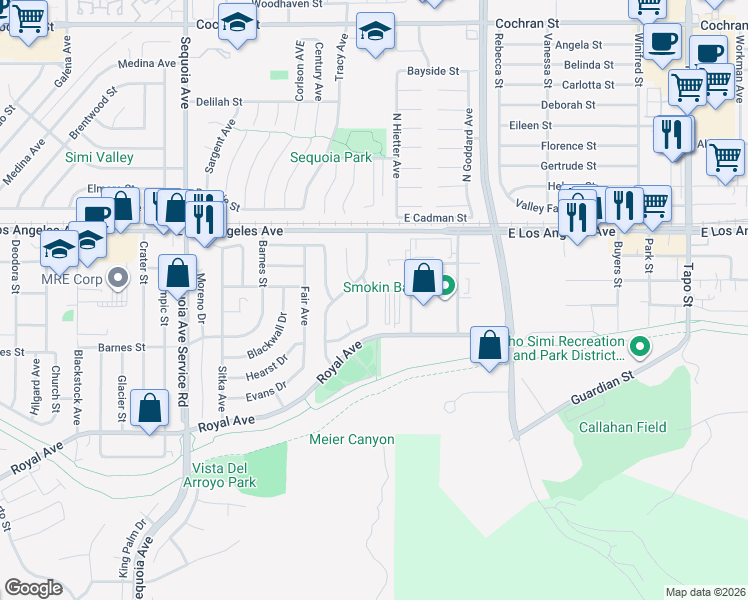 map of restaurants, bars, coffee shops, grocery stores, and more near 1690 Eagle Peak Avenue in Simi Valley