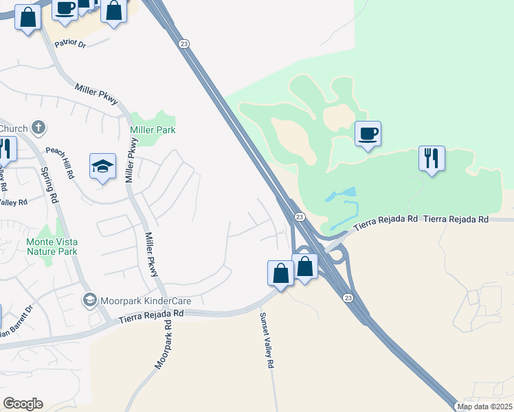 map of restaurants, bars, coffee shops, grocery stores, and more near 4305 Crabapple Court in Moorpark