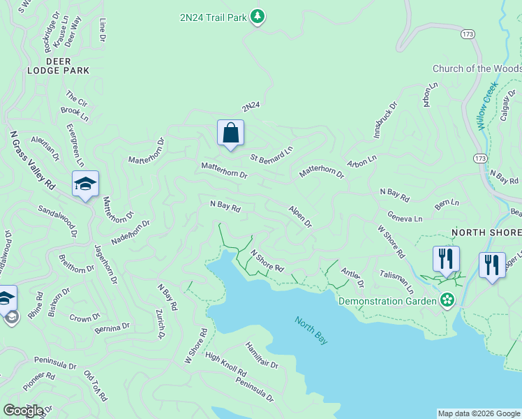 map of restaurants, bars, coffee shops, grocery stores, and more near 27732 North Bay Road in Lake Arrowhead