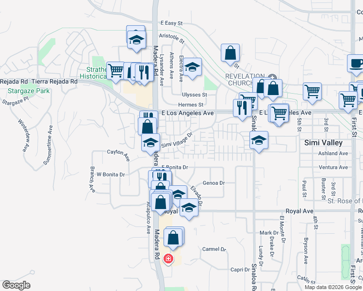 map of restaurants, bars, coffee shops, grocery stores, and more near 136 Nightwind Lane in Simi Valley