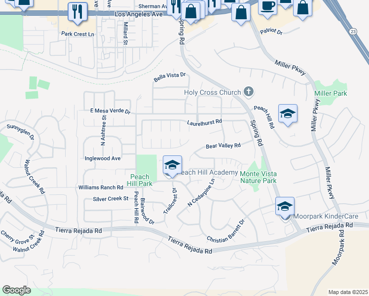 map of restaurants, bars, coffee shops, grocery stores, and more near 13488 East Quail Summit Road in Moorpark
