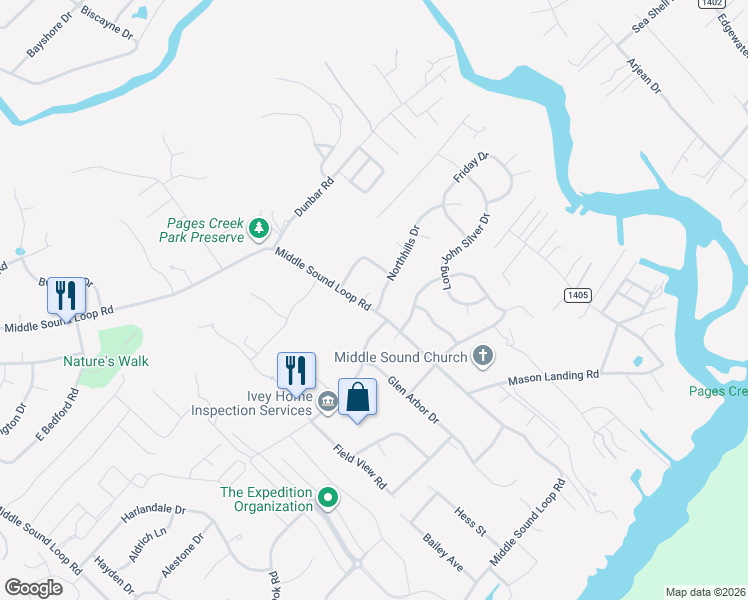 map of restaurants, bars, coffee shops, grocery stores, and more near 1417 Middle Sound Loop Road in Wilmington