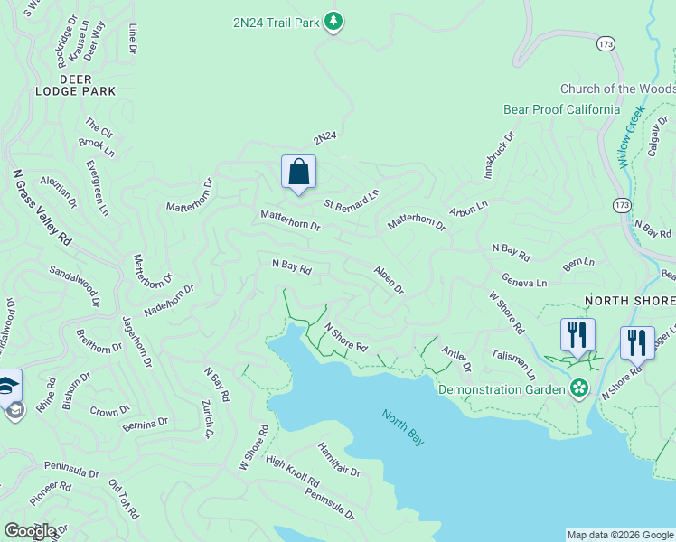 map of restaurants, bars, coffee shops, grocery stores, and more near 27744 North Bay Road in Lake Arrowhead