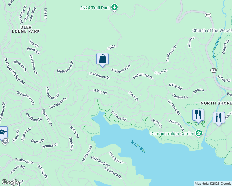 map of restaurants, bars, coffee shops, grocery stores, and more near 27732 North Bay Road in Lake Arrowhead