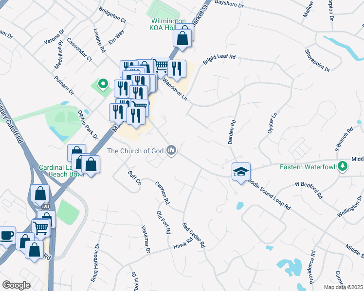 map of restaurants, bars, coffee shops, grocery stores, and more near 301 Middle Sound Loop Road in Wilmington