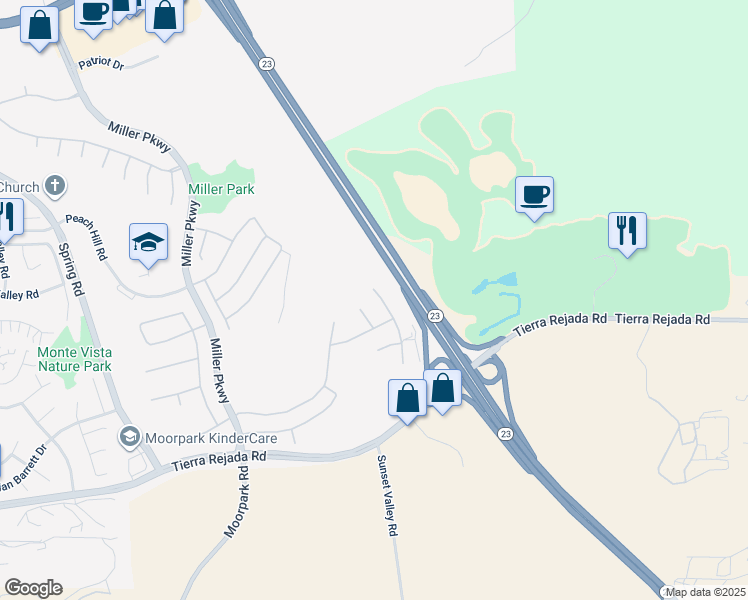 map of restaurants, bars, coffee shops, grocery stores, and more near 4305 Crabapple Court in Moorpark