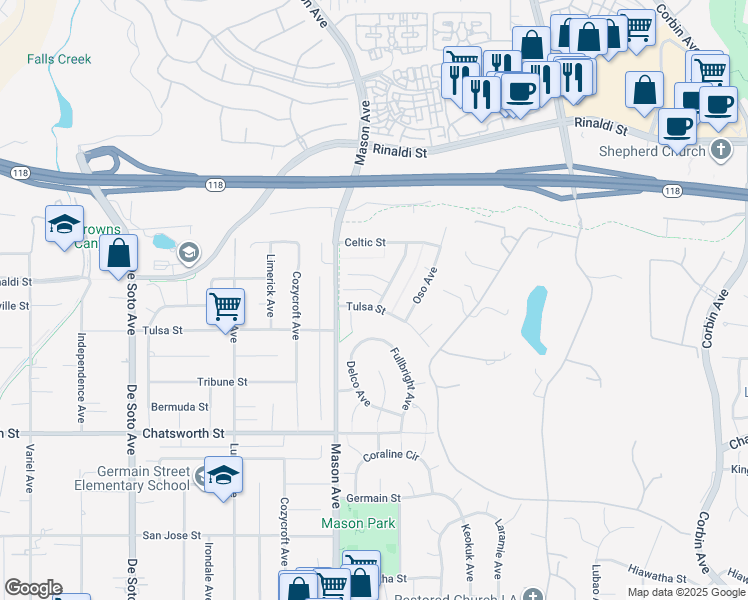 map of restaurants, bars, coffee shops, grocery stores, and more near 20441 Tulsa Street in Los Angeles