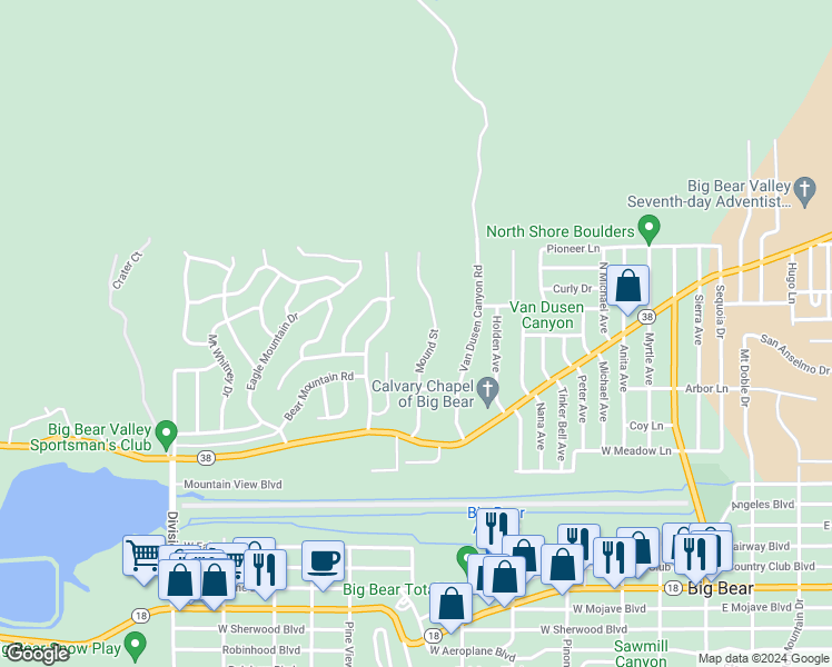 map of restaurants, bars, coffee shops, grocery stores, and more near 1051 Mound Street in Big Bear