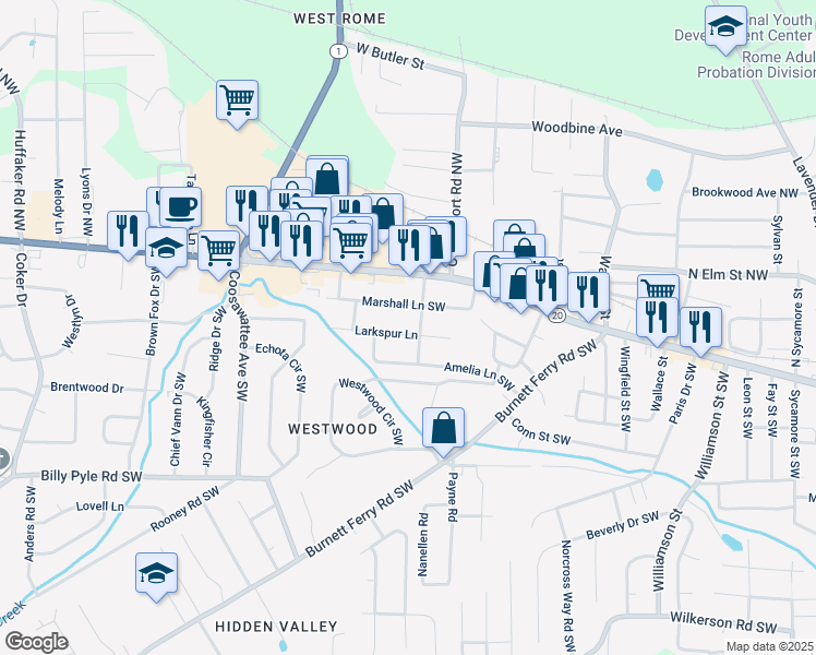 map of restaurants, bars, coffee shops, grocery stores, and more near 204 Larkspur Lane in Rome