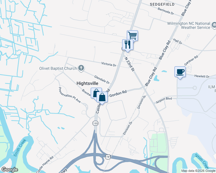 map of restaurants, bars, coffee shops, grocery stores, and more near 1704-1716 Castle Hayne Road in Wilmington