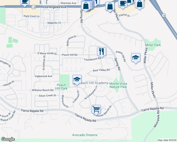 map of restaurants, bars, coffee shops, grocery stores, and more near 13603 Bear Valley Road in Moorpark