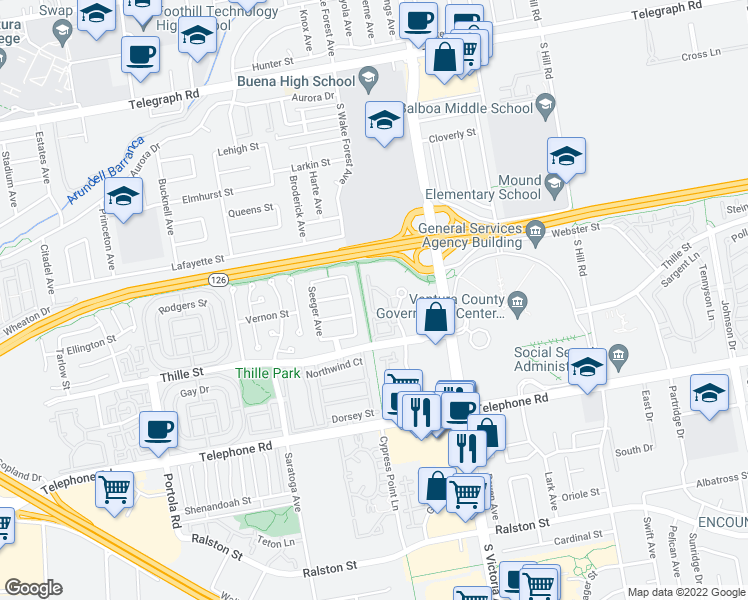 map of restaurants, bars, coffee shops, grocery stores, and more near 691 County Square Drive in Ventura