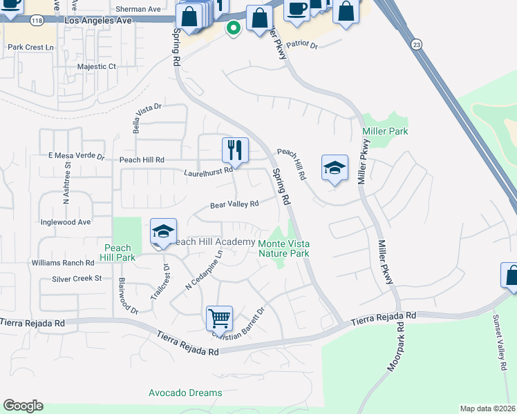 map of restaurants, bars, coffee shops, grocery stores, and more near 4265 Laurelhurst Road in Moorpark