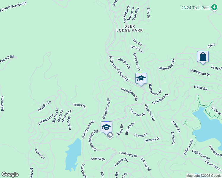 map of restaurants, bars, coffee shops, grocery stores, and more near 1023 Sandalwood Drive in Lake Arrowhead