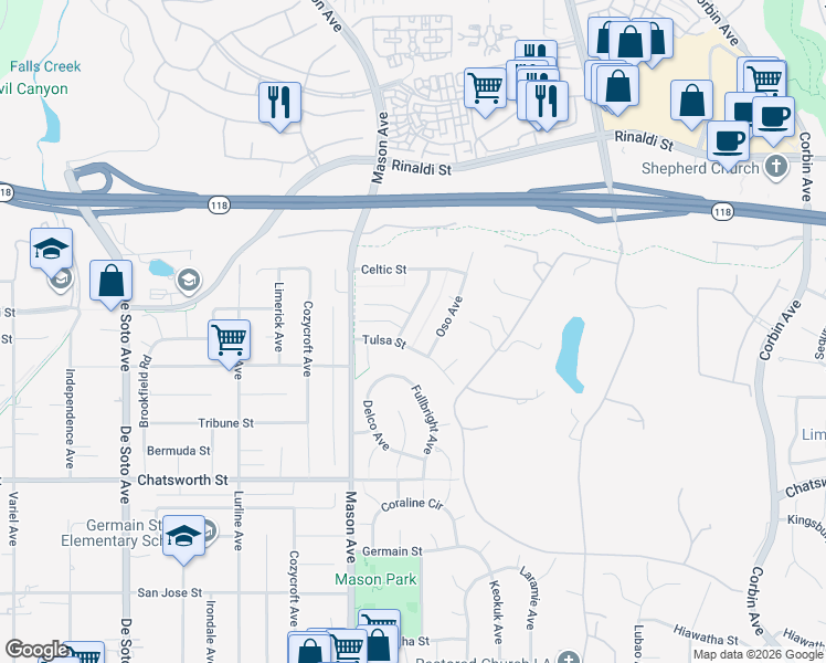 map of restaurants, bars, coffee shops, grocery stores, and more near 10942 Fullbright Avenue in Los Angeles