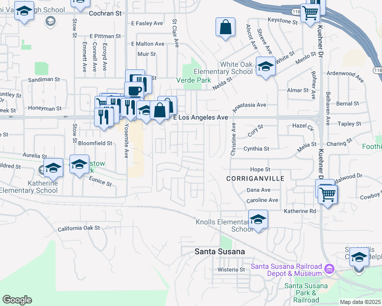 map of restaurants, bars, coffee shops, grocery stores, and more near 1620 Rory Lane in Simi Valley