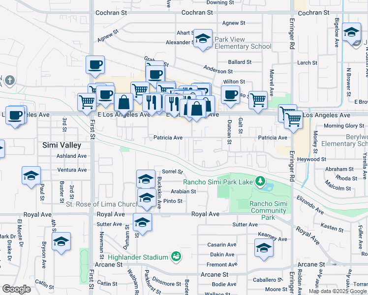 map of restaurants, bars, coffee shops, grocery stores, and more near 1474 Patricia Avenue in Simi Valley