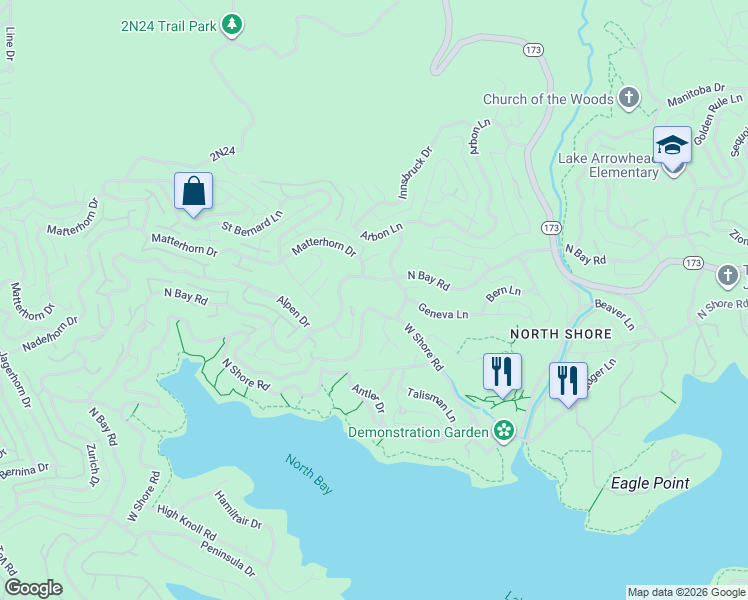map of restaurants, bars, coffee shops, grocery stores, and more near 850 Willow Creek Road in Lake Arrowhead