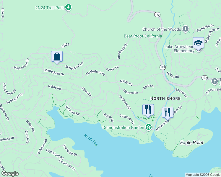 map of restaurants, bars, coffee shops, grocery stores, and more near 28018 West Shore Road in Lake Arrowhead